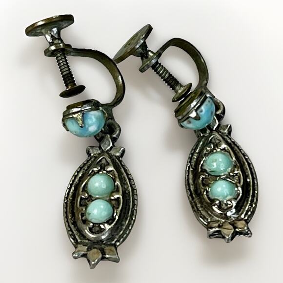 Turquoise Screwback Earring Set Vintage Dangle Silver Plated Southwestern Retro - Picture 7 of 12